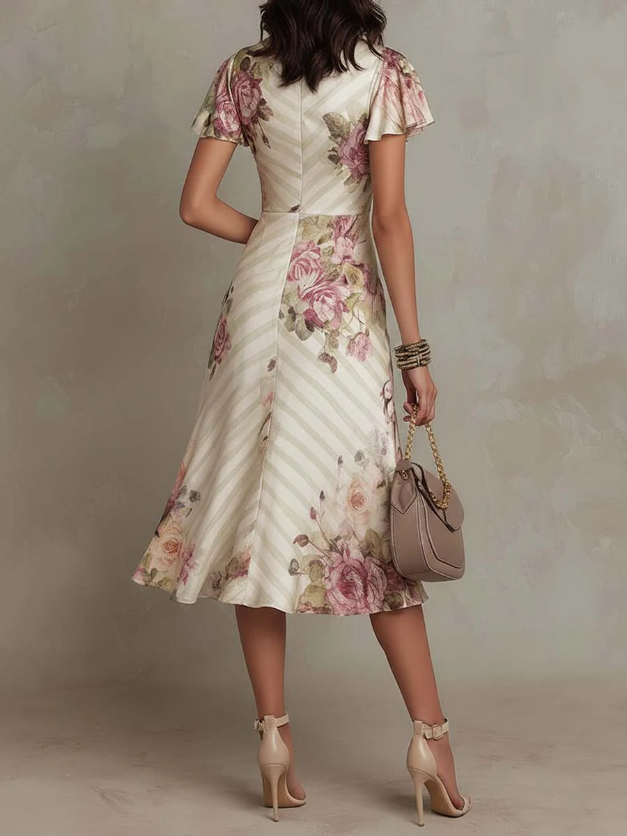 Alba - Elegant retro floral satin midi dress