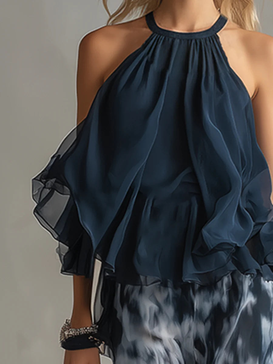 Navy Halter Neck Top And Printed Wide-leg Pants Chiffon Set