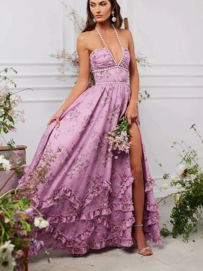 Renata™ | Long Floral Dress with Jewel Neckline