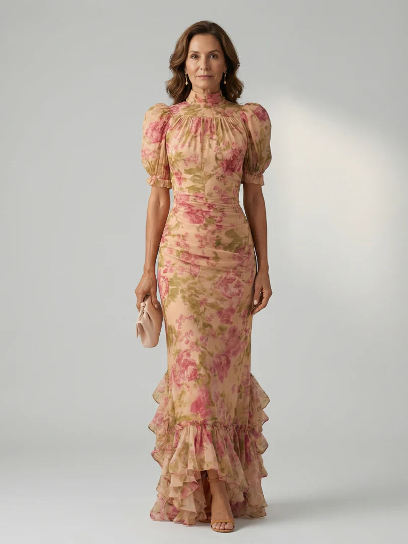 Fiora - Long dress with vintage rose print and puff sleeves
