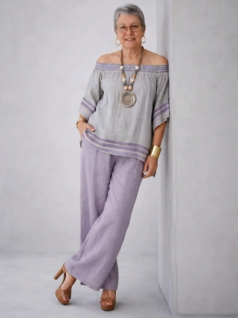 Zandrel | Elegant Off-Shoulder Top & Wide-Leg Striped Pants