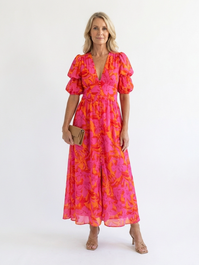 Galina™ | Floral V Neck Puff Sleeve Midi Dress