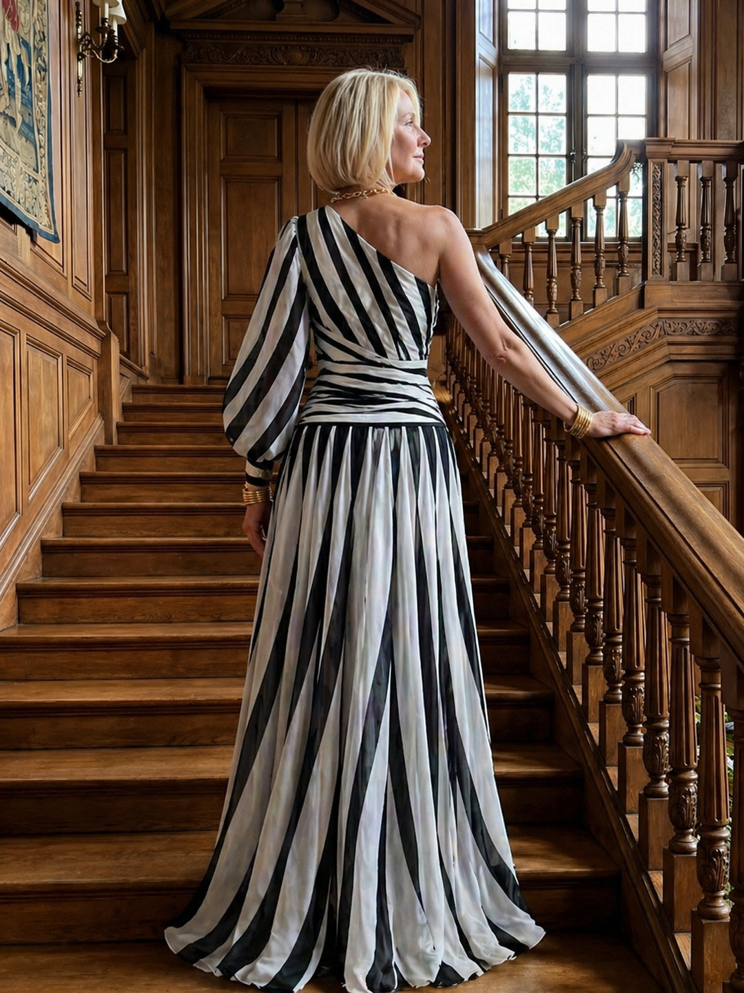 Mabel™ |Elegant Striped Maxi Dress with One Shoulder