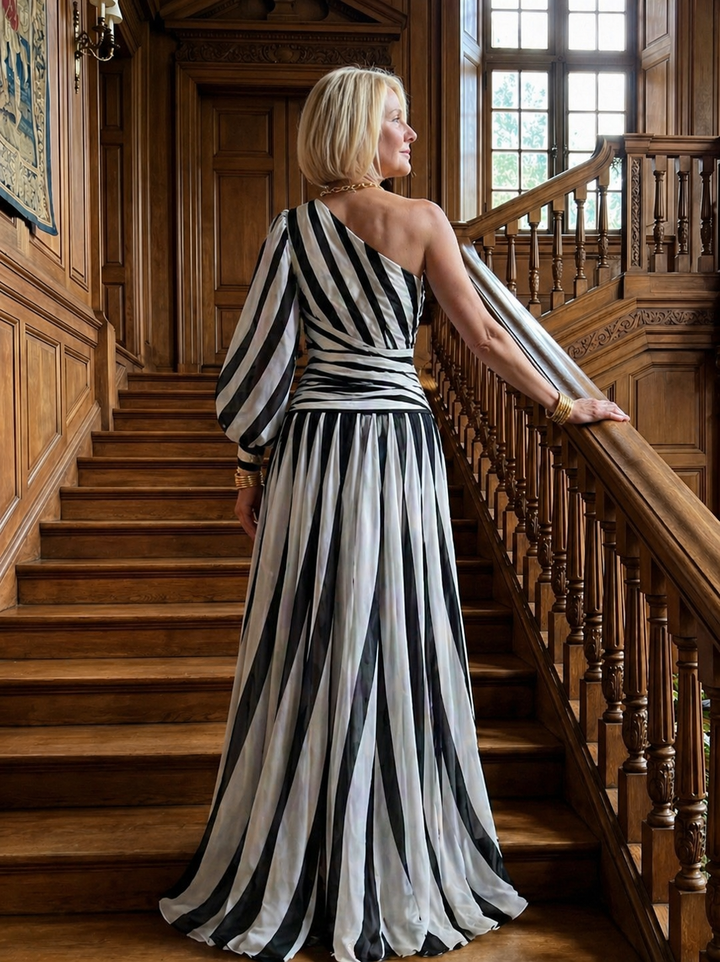 Mabel™ |Elegant Striped Maxi Dress with One Shoulder