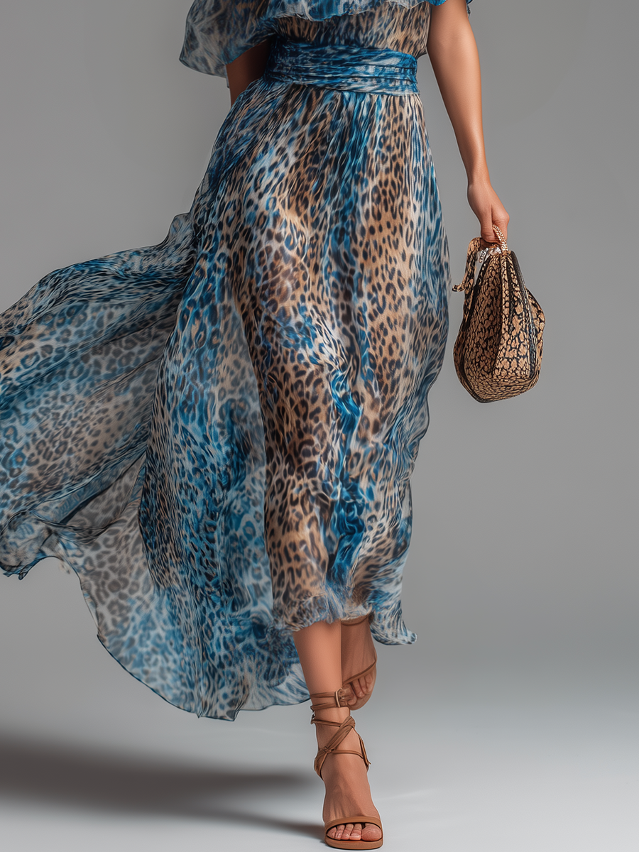 Selvaggia - Long chiffon dress with leopard print and off-shoulder design