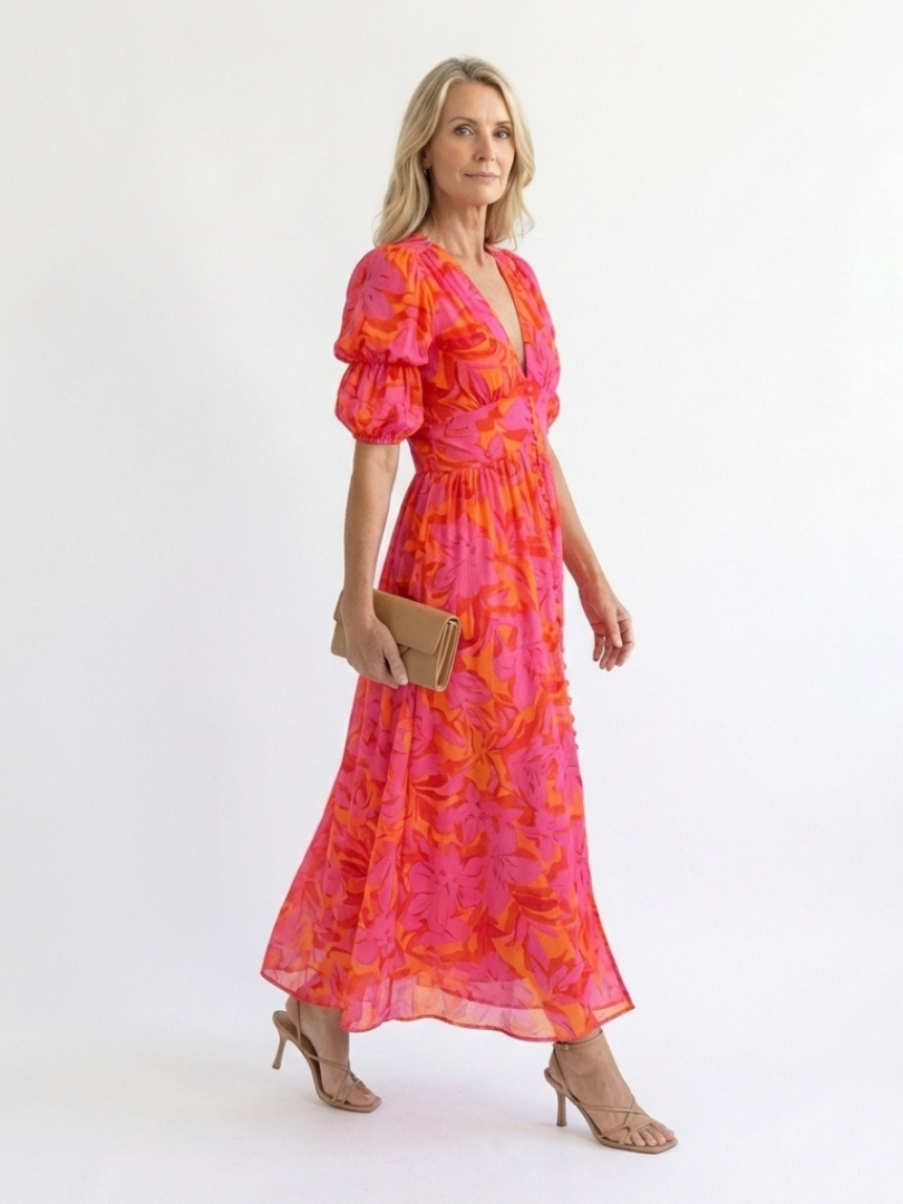 Galina™ | Floral V Neck Puff Sleeve Midi Dress