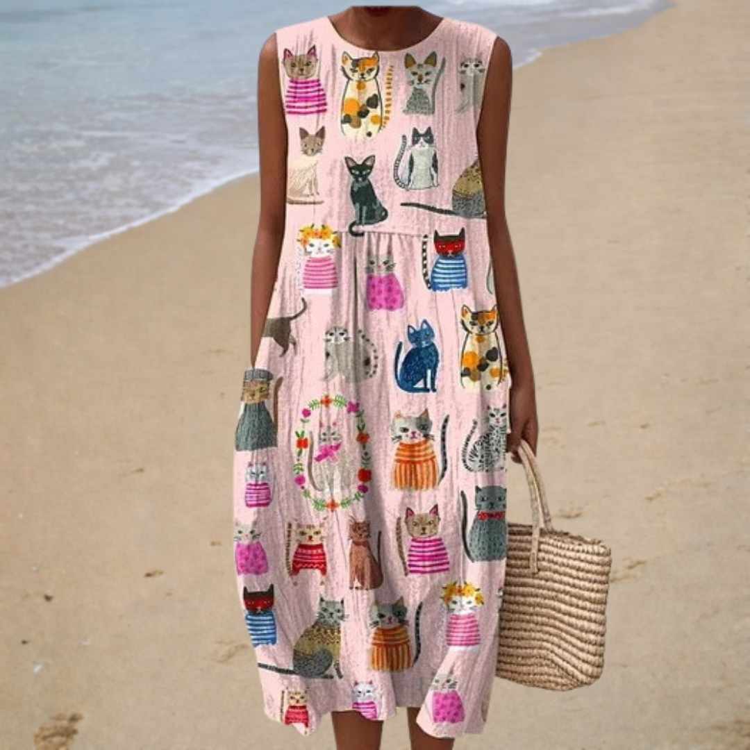 Flavia | Midi Dress with Cat Print