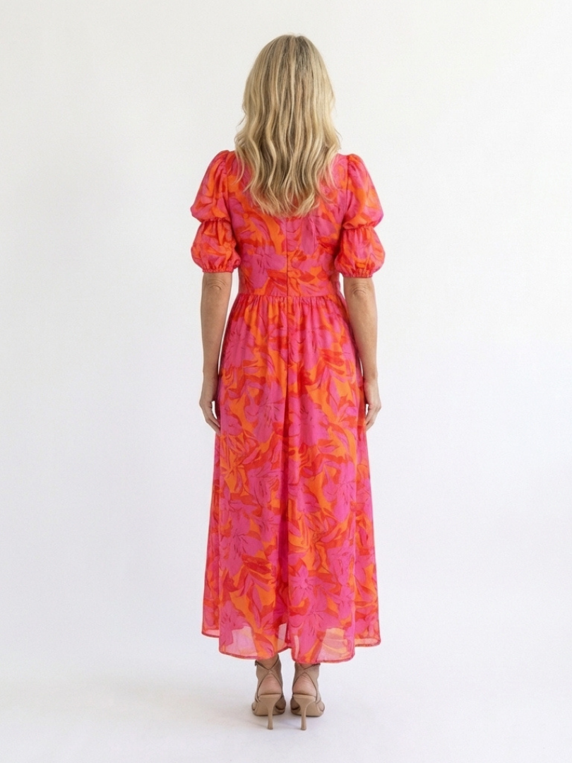 Galina™ | Floral V Neck Puff Sleeve Midi Dress