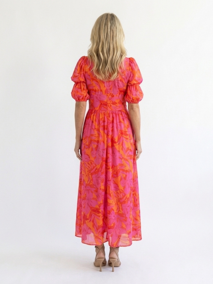Galina™ | Floral V Neck Puff Sleeve Midi Dress