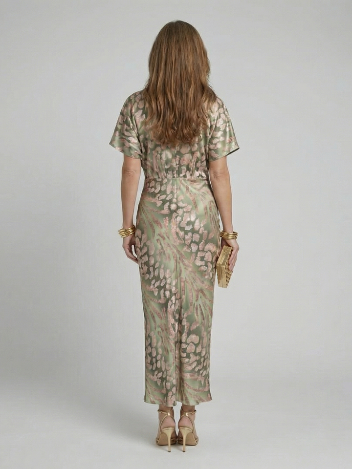 Aimee™ | Abstract Print V Neck Twist Waist Midi Dress
