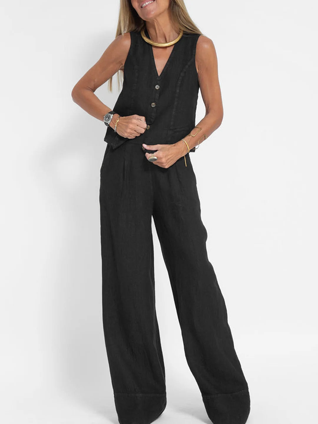 LENA | BUTTONED VEST & WIDE-LEG TROUSERS LOUNGE SET