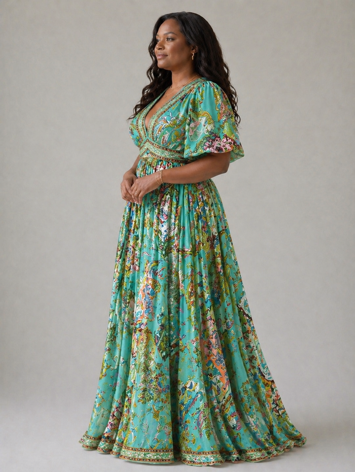 Avis™ | Airy maxi dress with puff sleeves and V-neck
