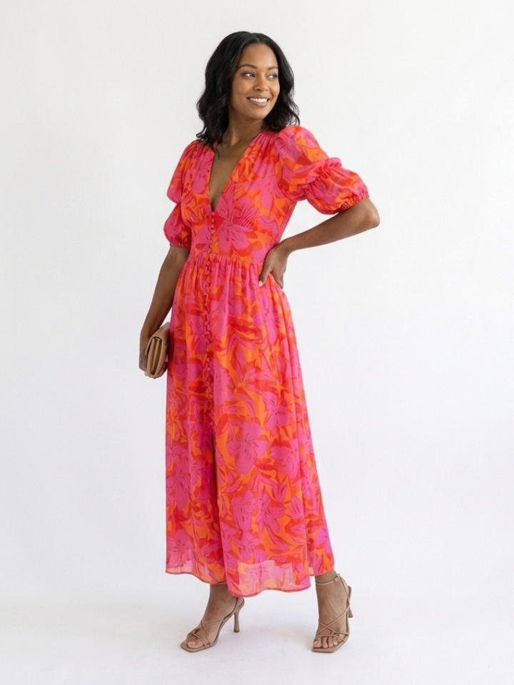 Galina™ | Floral V Neck Puff Sleeve Midi Dress
