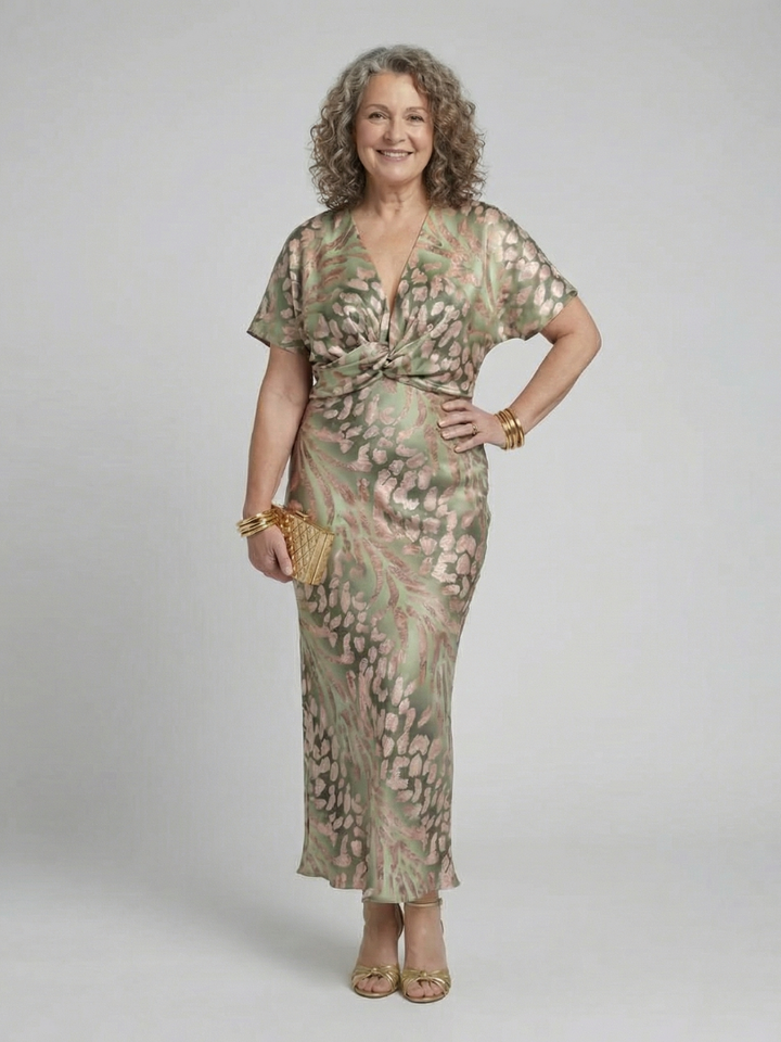 Aimee™ | Abstract Print V Neck Twist Waist Midi Dress