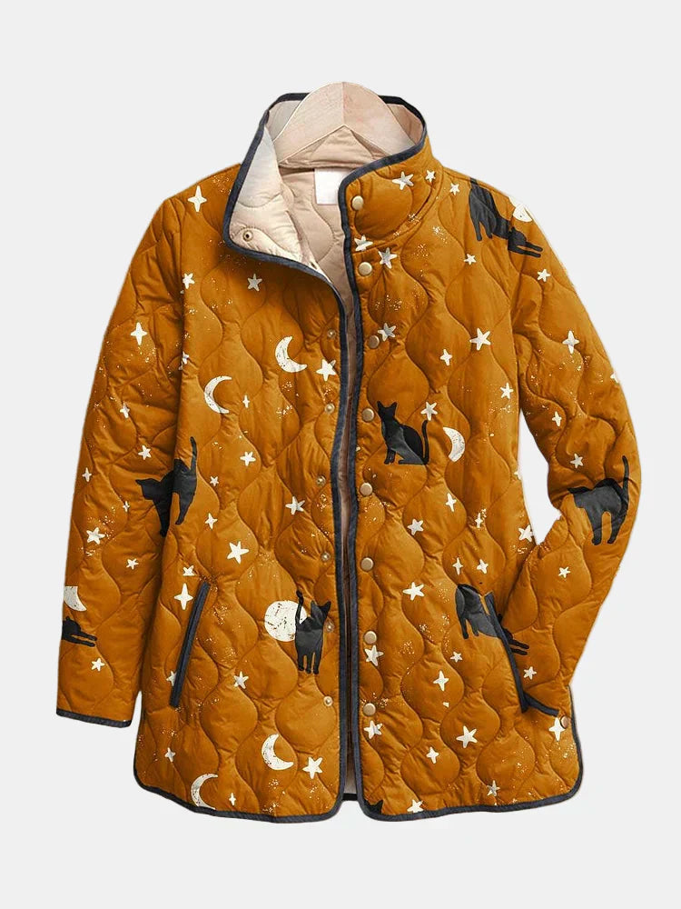 Eira™ | Casual Black Cat Halloween Print Quilted Jacket