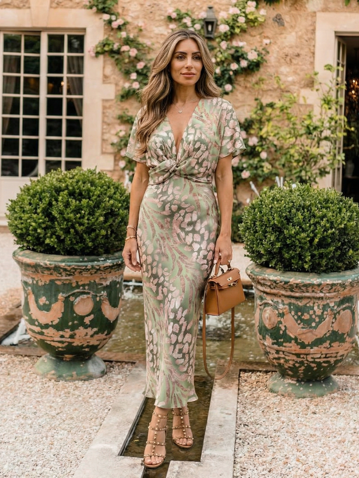 Althea™ | Abstract Print V Neck Twist Waist Midi Dress
