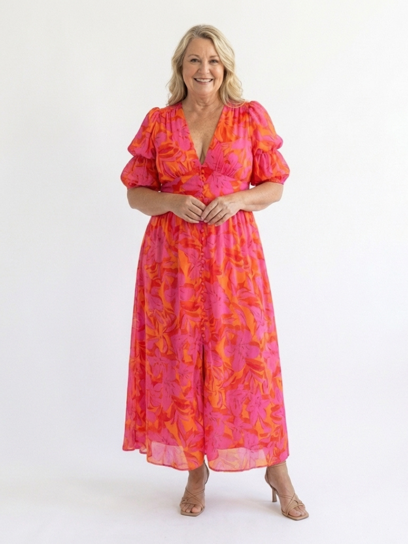 Galina™ | Floral V Neck Puff Sleeve Midi Dress