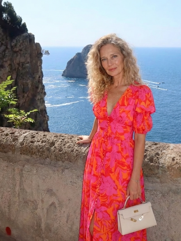 Galina™ | Floral V Neck Puff Sleeve Midi Dress