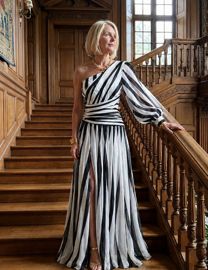 Mabel™ |Elegant Striped Maxi Dress with One Shoulder