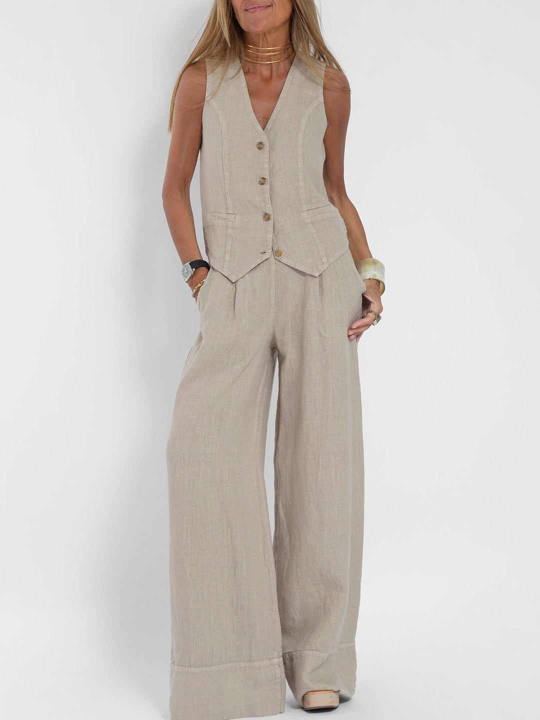 LENA | BUTTONED VEST & WIDE-LEG TROUSERS LOUNGE SET