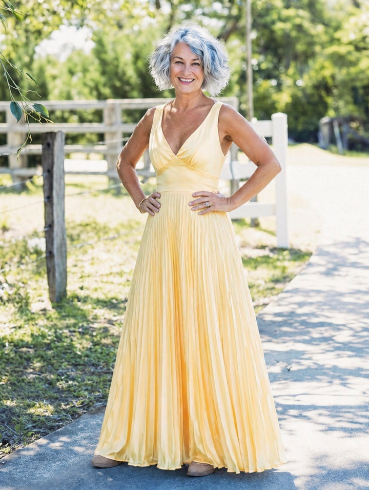 Corinne™ | Pleated V-Neck Maxi Dress