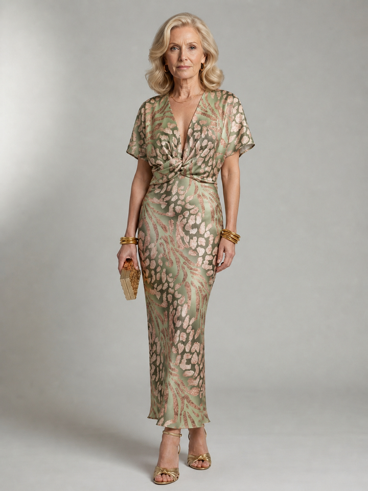 Aimee™ | Abstract Print V Neck Twist Waist Midi Dress