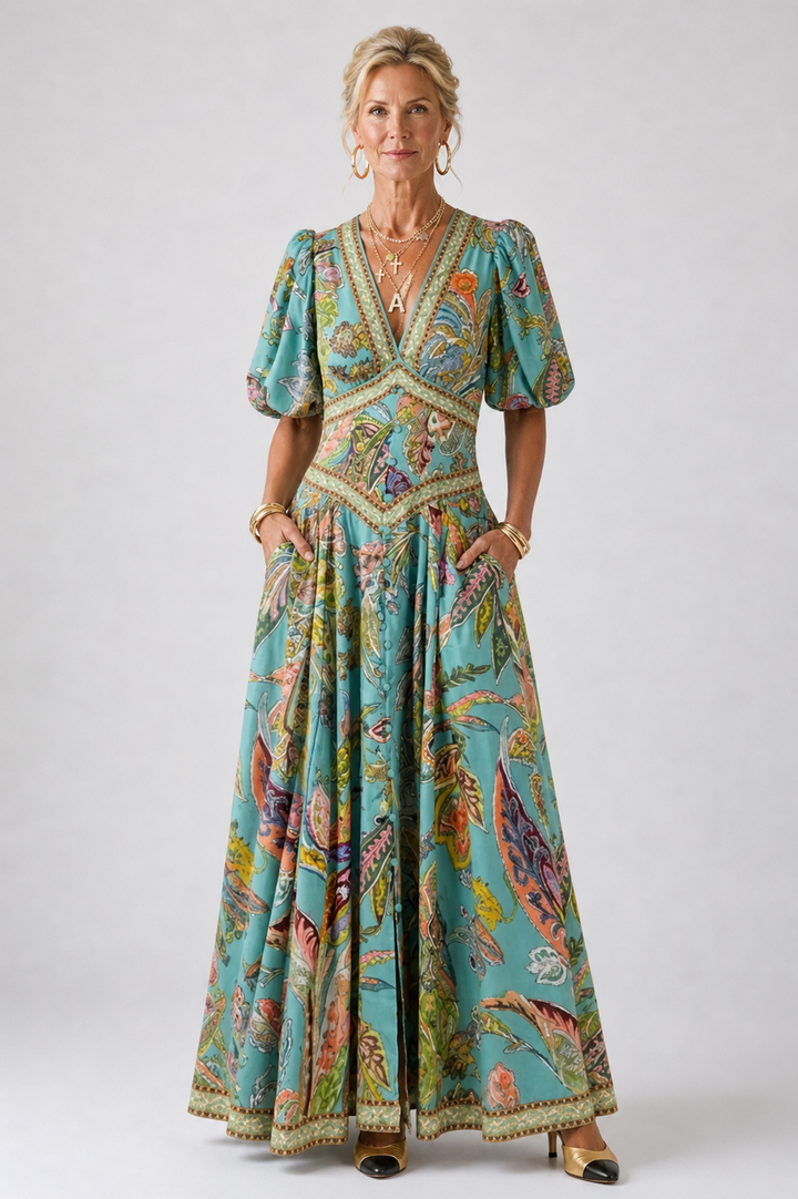 Avis™ | Airy maxi dress with puff sleeves and V-neck