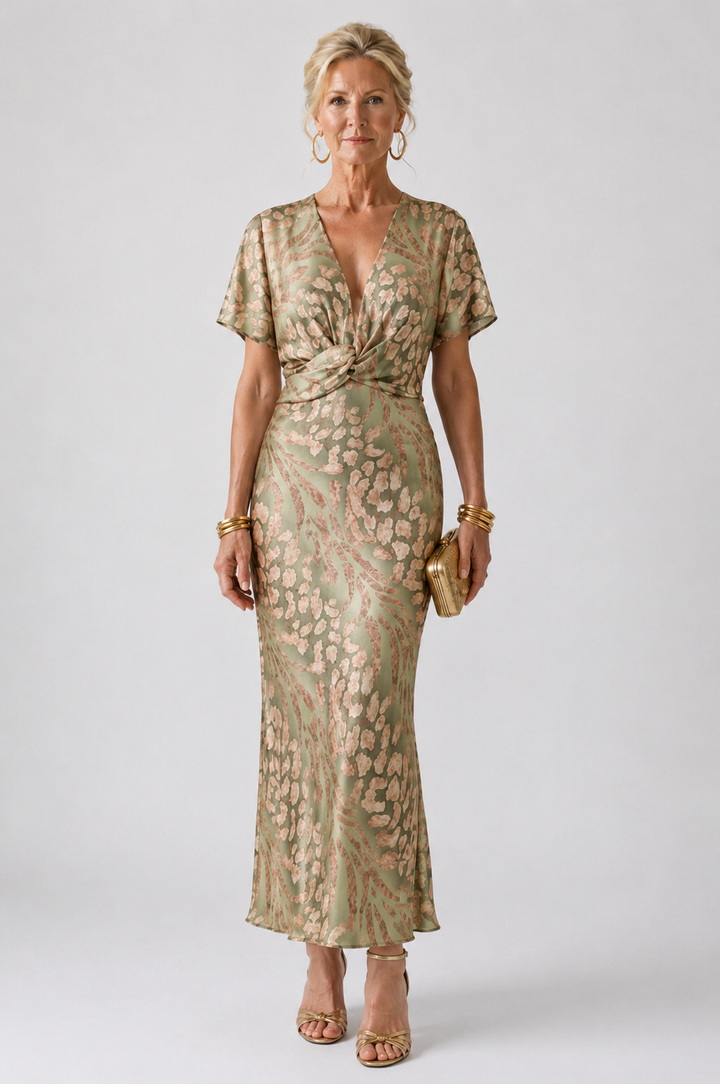 Aimee™ | Abstract Print V Neck Twist Waist Midi Dress