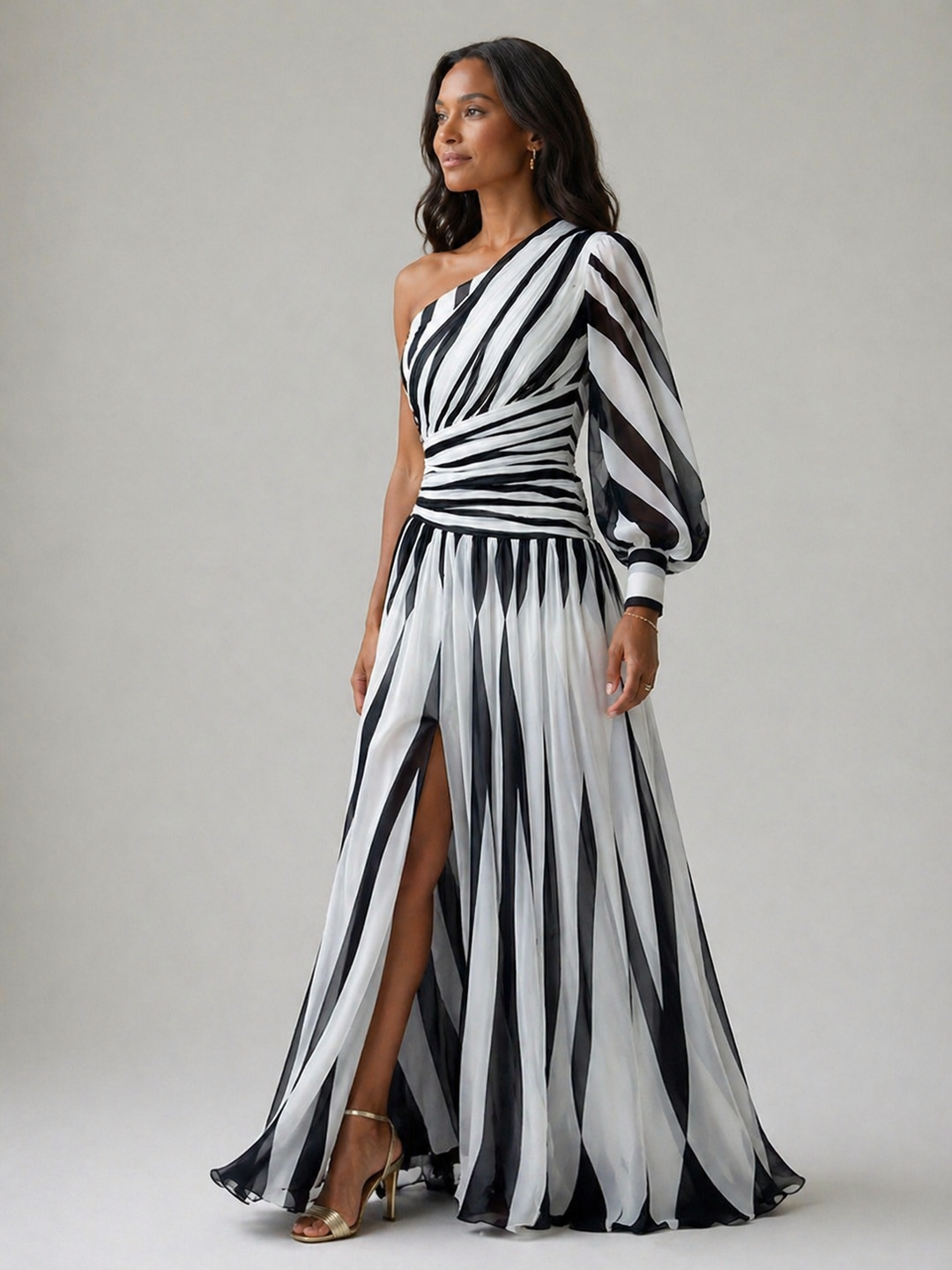 Mabel™ |Elegant Striped Maxi Dress with One Shoulder