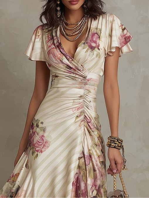 Alba - Elegant retro floral satin midi dress