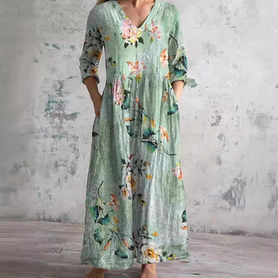 Raina™ | Vintage Floral V-Neck Midi Dress
