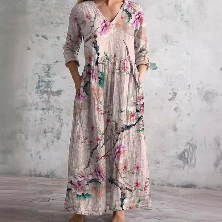 Raina™ | Vintage Floral V-Neck Midi Dress