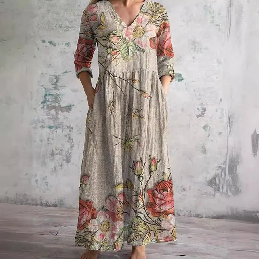 Raina™ | Vintage Floral V-Neck Midi Dress
