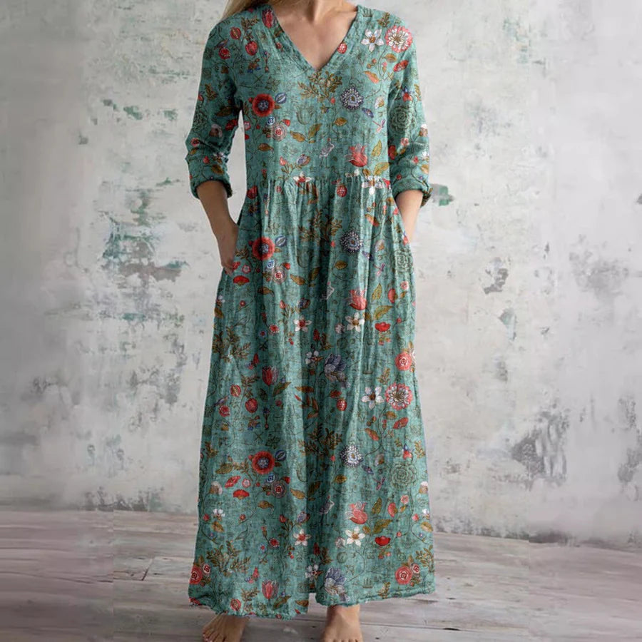 Raina™ | Vintage Floral V-Neck Midi Dress