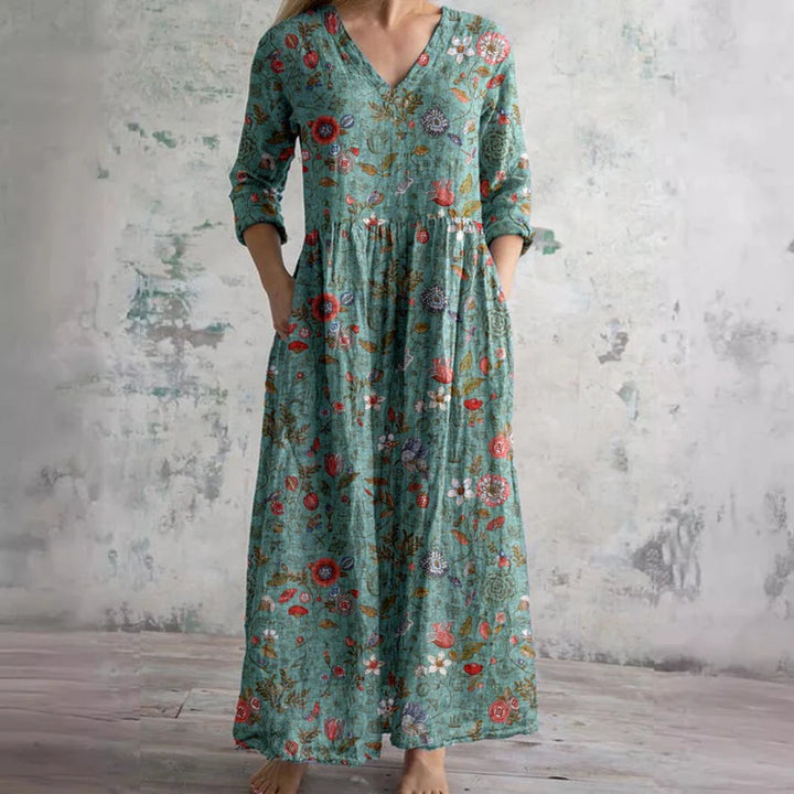 Raina™ | Vintage Floral V-Neck Midi Dress