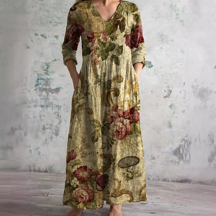 Raina™ | Vintage Floral V-Neck Midi Dress