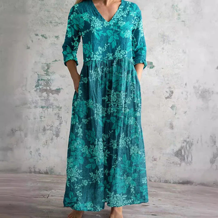 Raina™ | Vintage Floral V-Neck Midi Dress