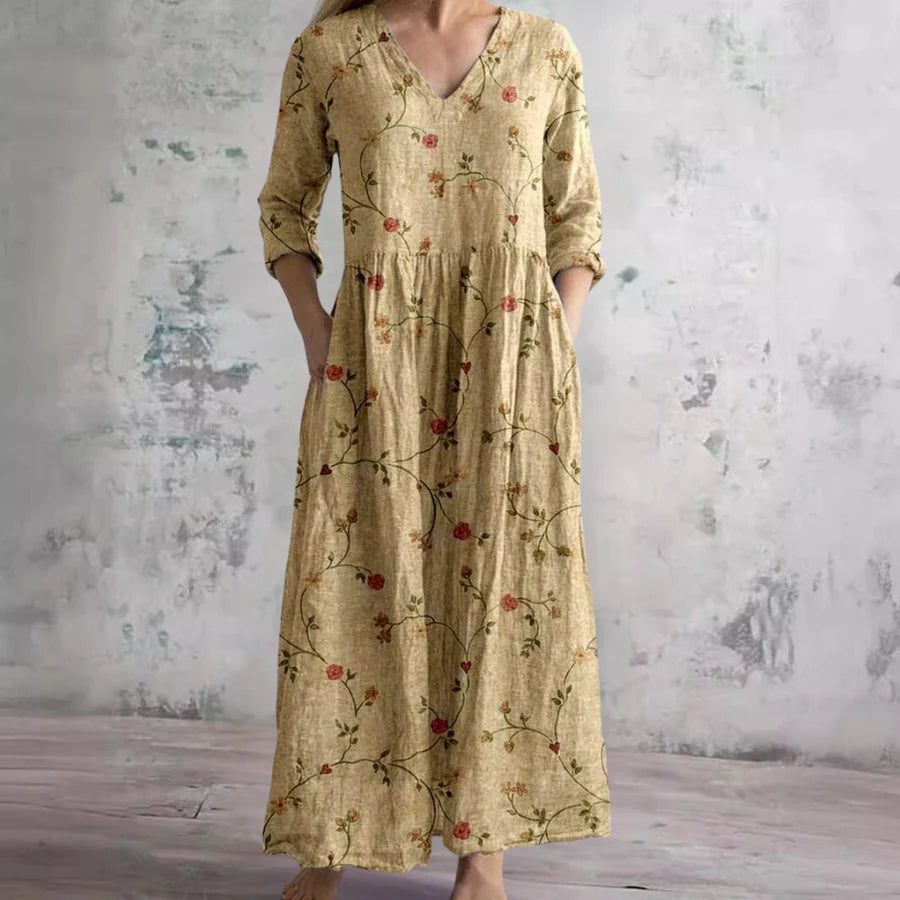 Raina™ | Vintage Floral V-Neck Midi Dress