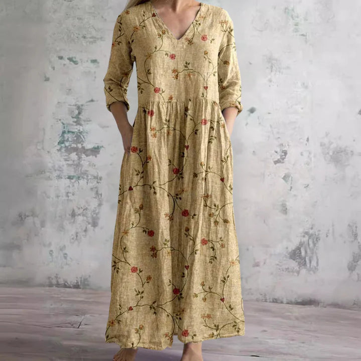 Raina™ | Vintage Floral V-Neck Midi Dress