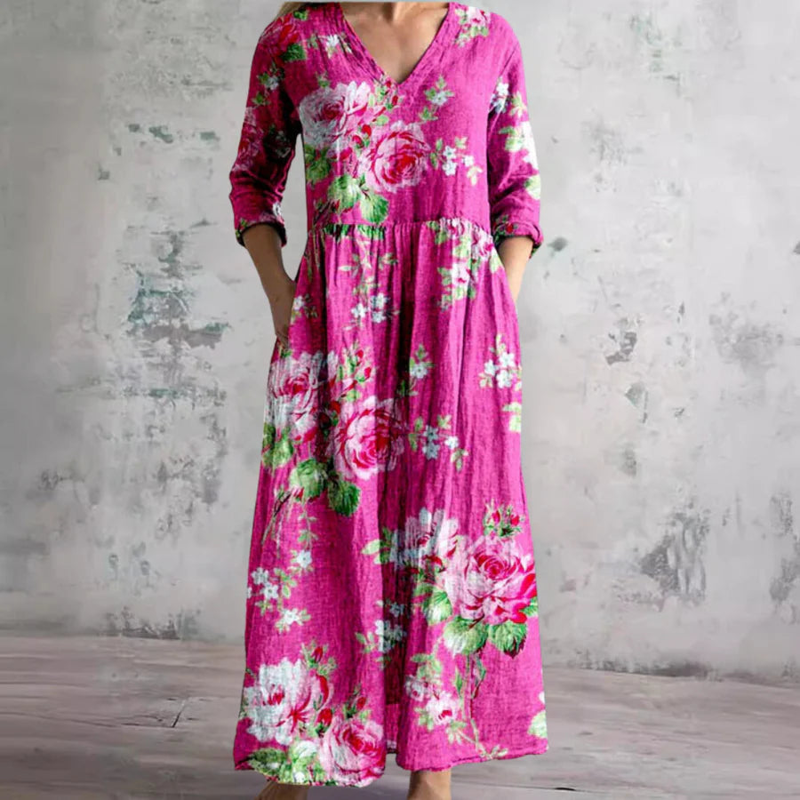 Raina™ | Vintage Floral V-Neck Midi Dress