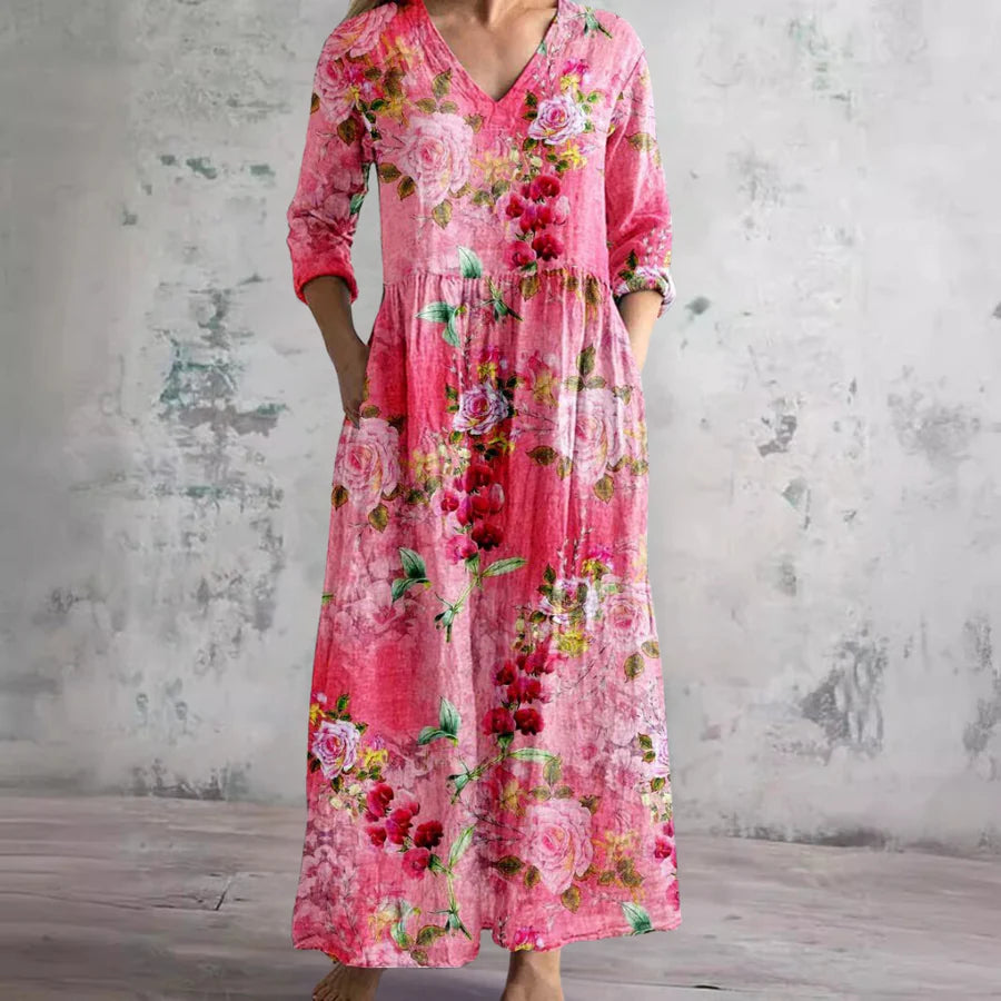 Raina™ | Vintage Floral V-Neck Midi Dress