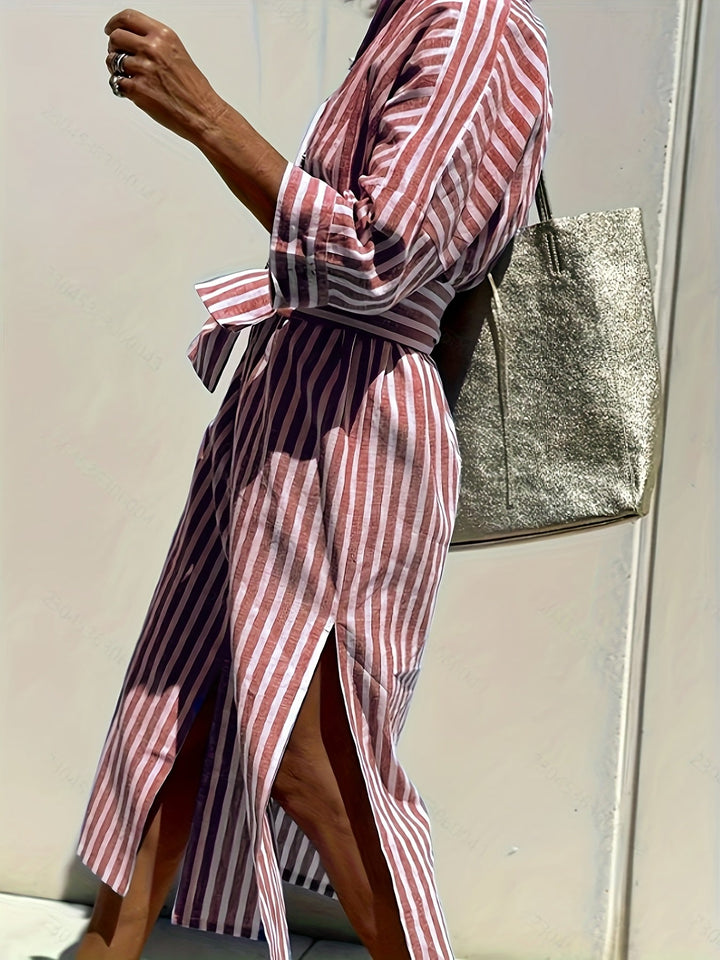 CHRISTINE | STRIPED PRINT DRESS WITH BUTTON CLOSURE AND BELT