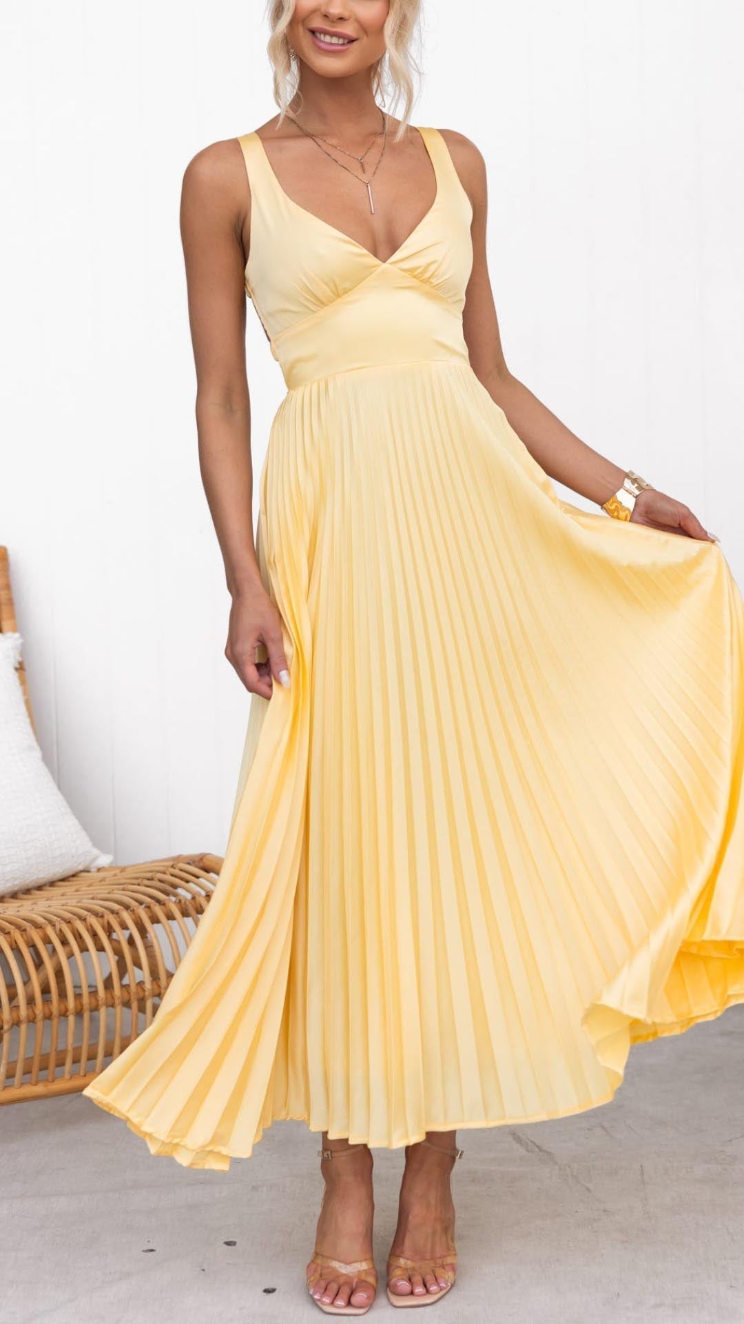Corinne™ | Pleated V-Neck Maxi Dress