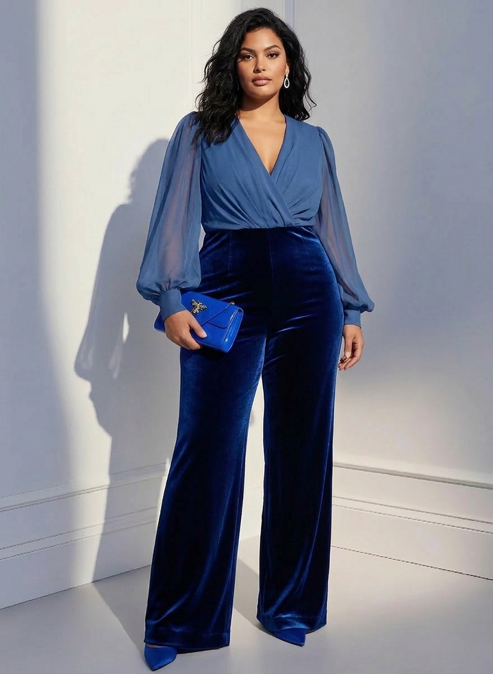 Blue mesh V-neck long sleeve velvet jumpsuit
