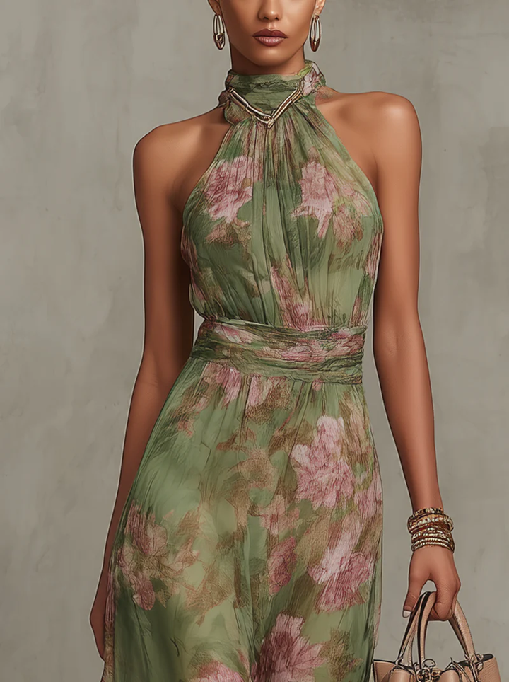 Serena™ | Green Floral Chiffon Halter Maxi Dress