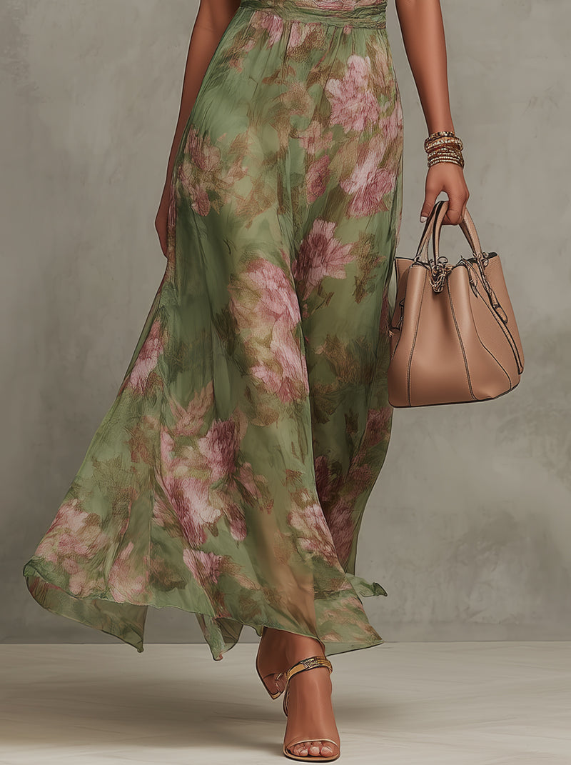Serena™ | Green Floral Chiffon Halter Maxi Dress