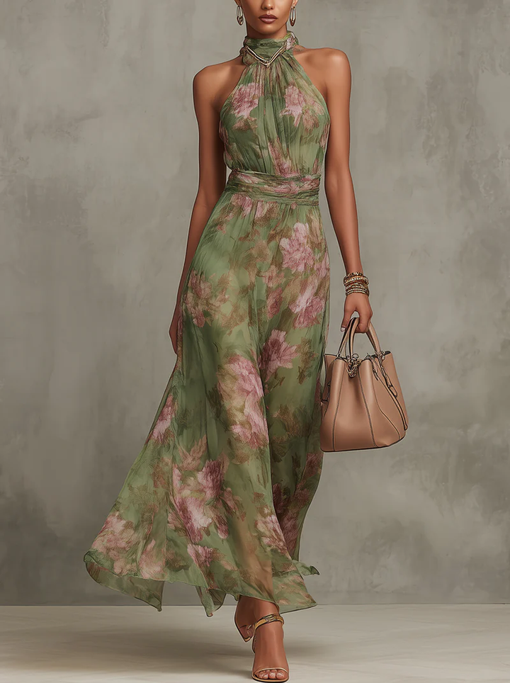 Serena™ | Green Floral Chiffon Halter Maxi Dress