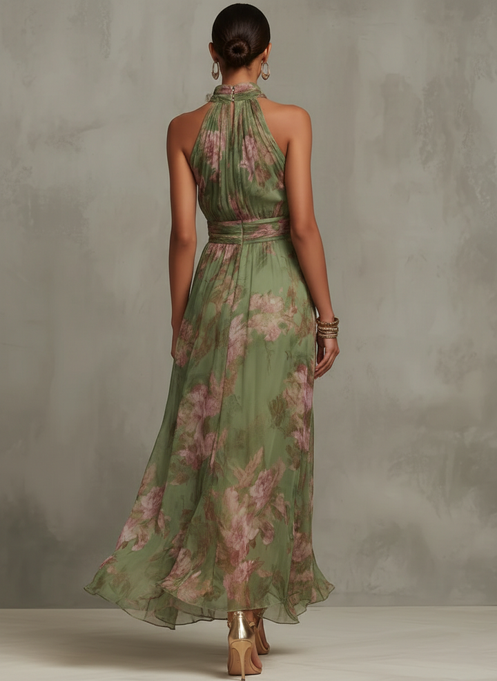 Serena™ | Green Floral Chiffon Halter Maxi Dress