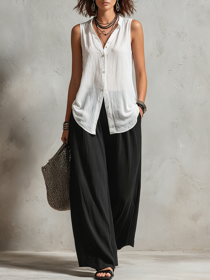 Minimalist Layered Vest Cardigan And Wide-leg Pants Three-piece Set