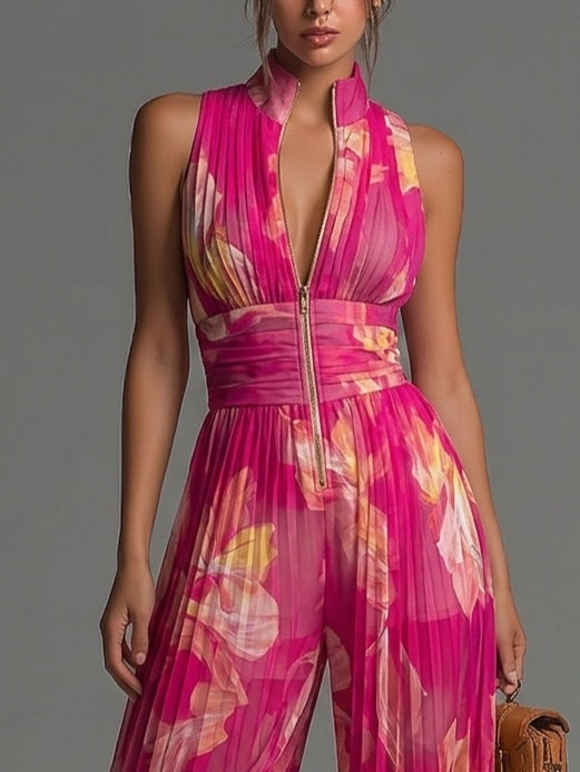 Zsofia Jumpsuit | Fuchsia Floral Pleated Chiffon